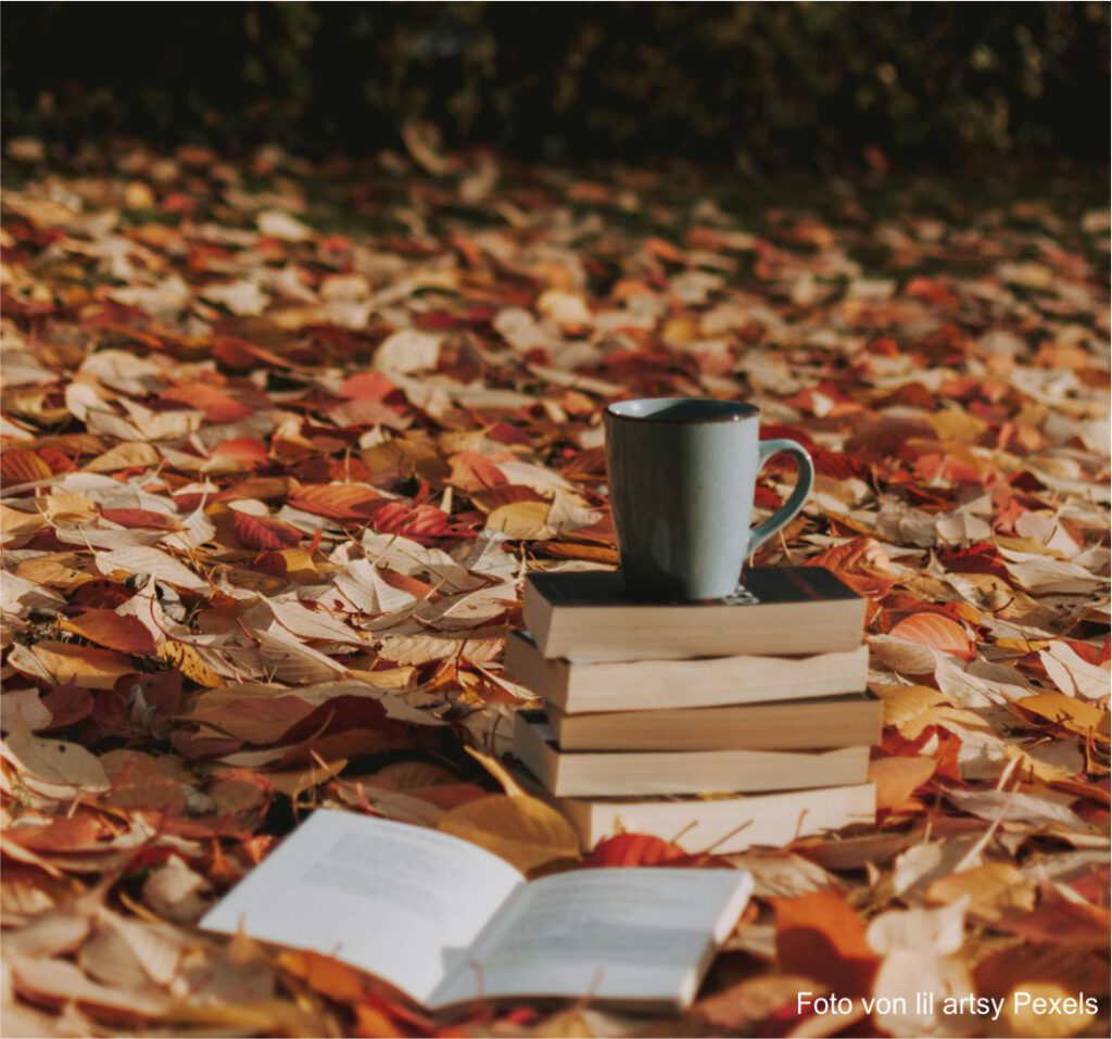 herbstblätter und daruaf liegt ein Stabel Bücher und darauf steht eine olivgrüne Tasse.